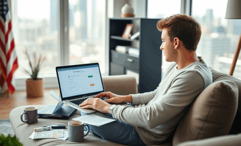 Person applying for an online loan from their home computer, symbolizing the ease and accessibility of obtaining loans without physical visits.
