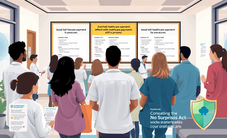 Illustration of affordable healthcare payments with a Good Faith Estimate document and medical bills.