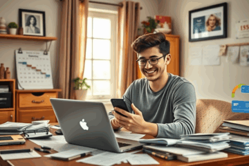 A person happily checking their credit score on a smartphone, illustrating quick credit approval.