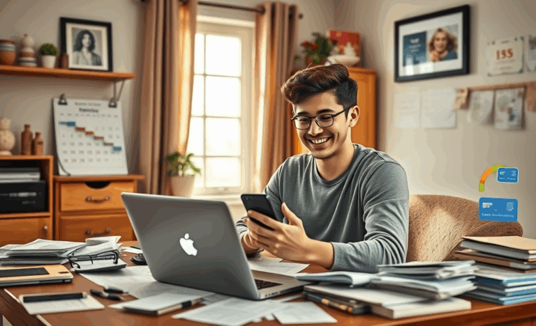 A person happily checking their credit score on a smartphone, illustrating quick credit approval.