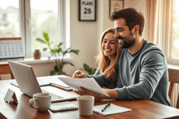 An illustration of a person comfortably managing payments with a calculator and a calendar symbolizing predictable installment plans.