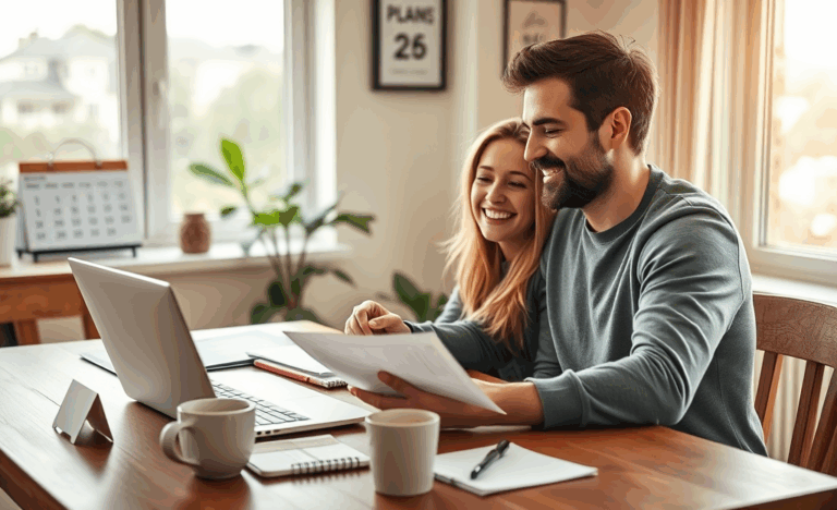 An illustration of a person comfortably managing payments with a calculator and a calendar symbolizing predictable installment plans.