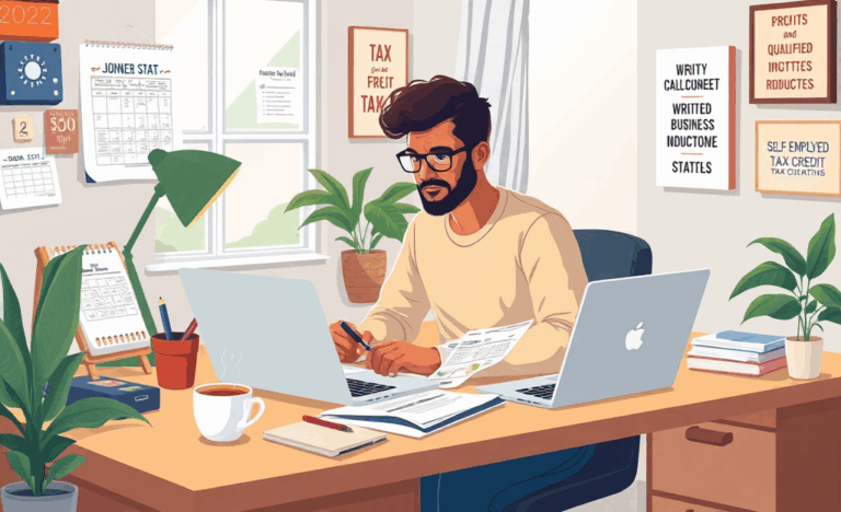 Illustration of a freelancer working at a desk with financial documents, highlighting credit solutions.