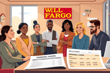 Illustration of a person reviewing personal loan options at Wells Fargo on a laptop.