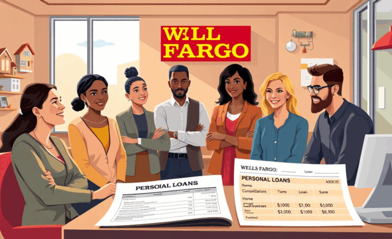 Illustration of a person reviewing personal loan options at Wells Fargo on a laptop.