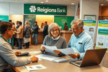 A customer reviewing a loan application at Regions Bank with financial documents.