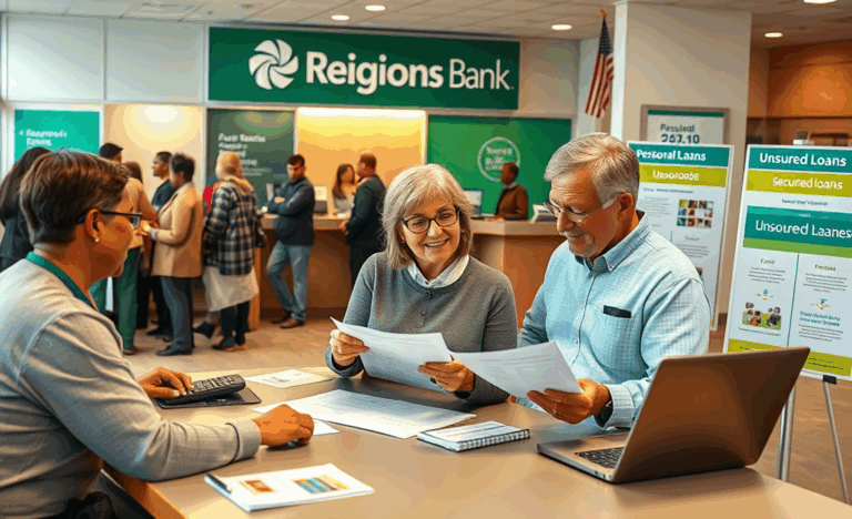 A customer reviewing a loan application at Regions Bank with financial documents.