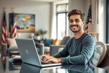 Illustration of a person using a laptop to apply for a OneMain Financial loan online, highlighting quick loan processing and easy credit access.