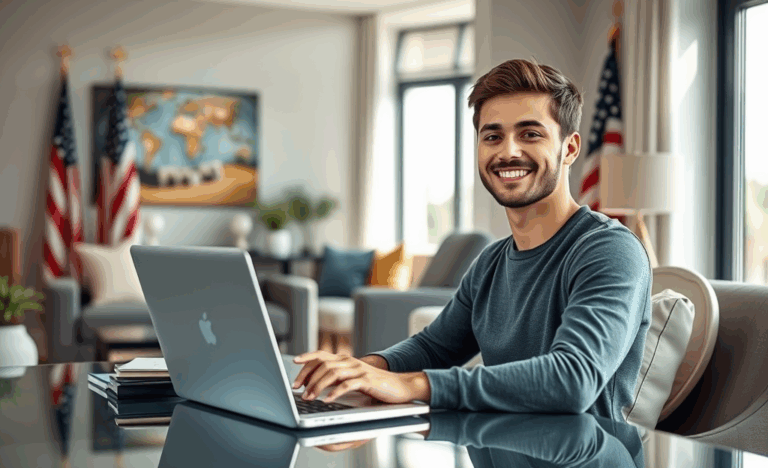 Illustration of a person using a laptop to apply for a OneMain Financial loan online, highlighting quick loan processing and easy credit access.