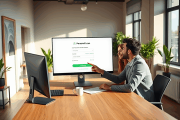 A digital illustration of a person applying for a Macquarie Bank personal loan online.