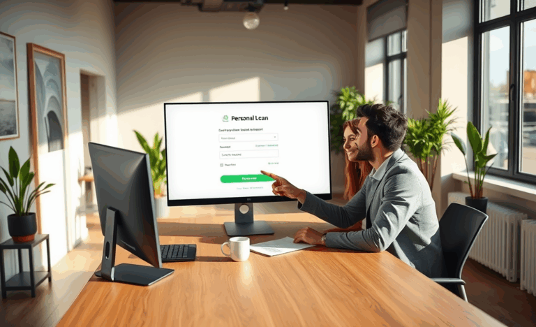 A digital illustration of a person applying for a Macquarie Bank personal loan online.