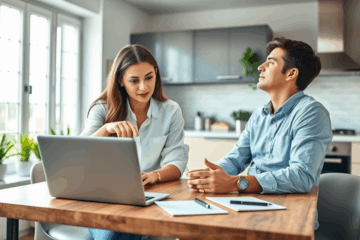 A couple discussing their options for a personal loan with a laptop open and financial documents on the table.