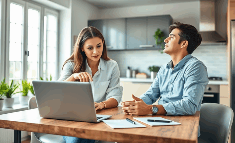 A couple discussing their options for a personal loan with a laptop open and financial documents on the table.