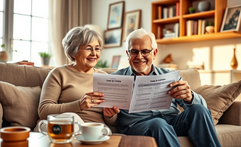 A happy senior couple discussing their loan options with a financial advisor.