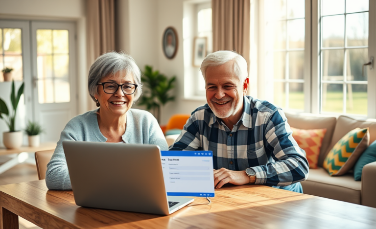 An elderly person reviewing financial documents for a loan application online.
