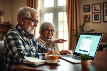 An elderly person reviewing online loan options on a laptop.
