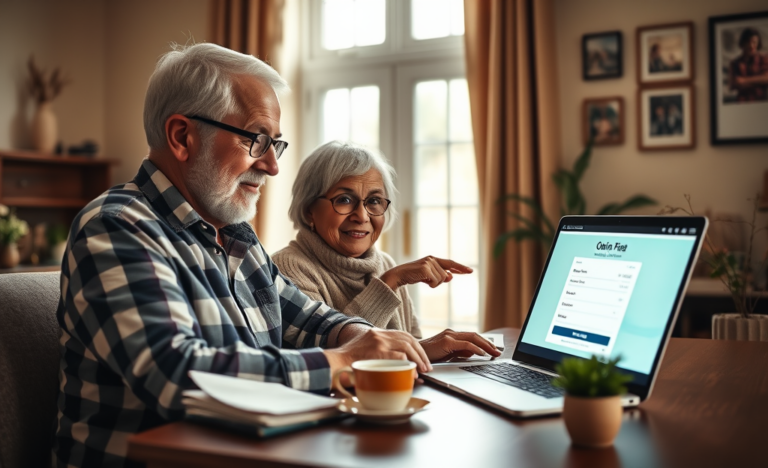 An elderly person reviewing online loan options on a laptop.