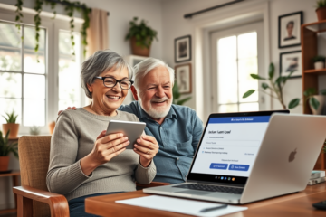 An elderly person happily receiving assistance for a loan application.