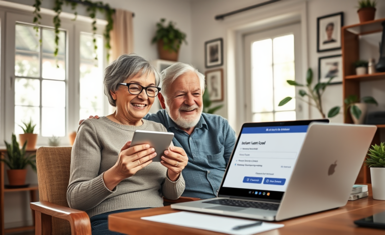 An elderly person happily receiving assistance for a loan application.