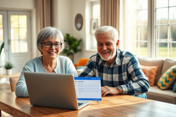 An elderly person reviewing financial documents for a loan application online.