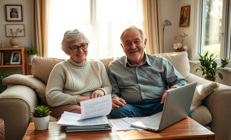 A senior couple discussing their customized loan options at home.