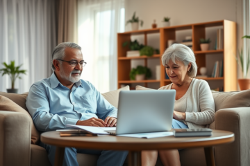 A senior couple discussing financial options with a counselor.