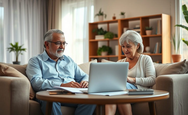 A senior couple discussing financial options with a counselor.