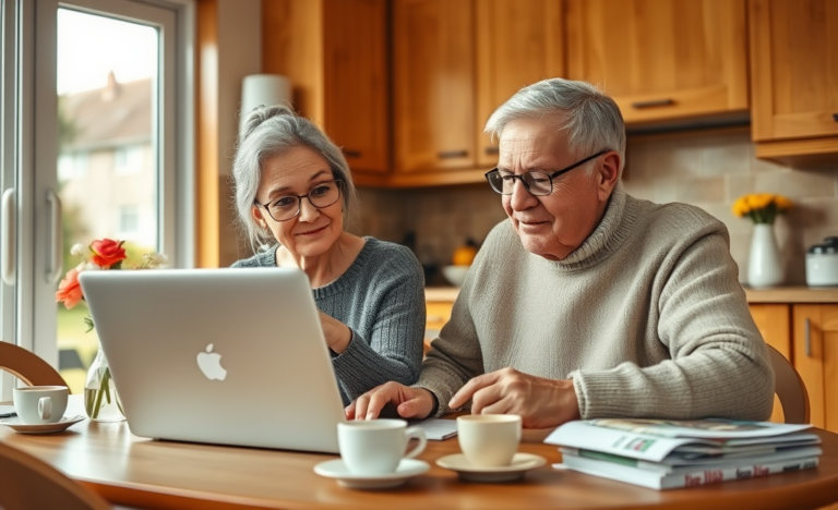 An elderly couple reviewing loan options for seniors.