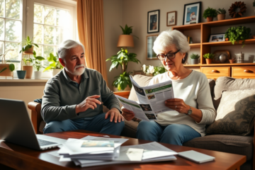 An elderly couple discussing financial options for loans.
