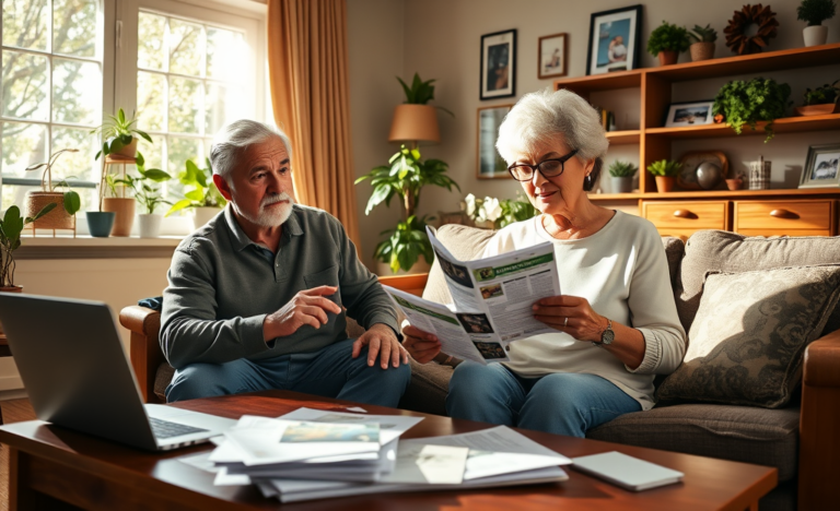 An elderly couple discussing financial options for loans.