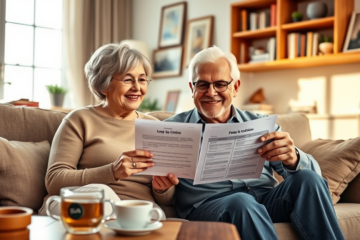 A happy senior couple discussing their loan options with a financial advisor.