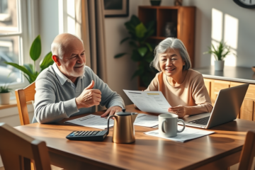A cheerful senior couple discussing personal loan options at home.