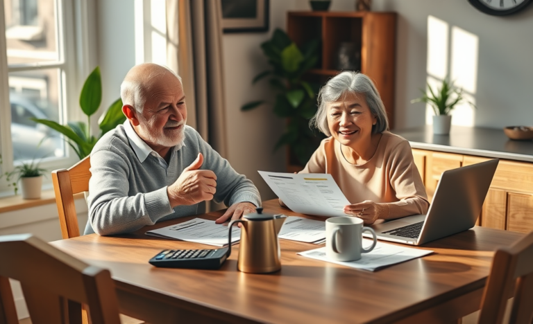 A cheerful senior couple discussing personal loan options at home.