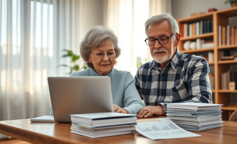 An elderly couple discussing financial options for emergencies.
