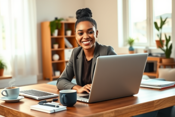 Young professional woman in a bright home office smiling while viewing instant personal loan fund transfer on laptop and smartphone