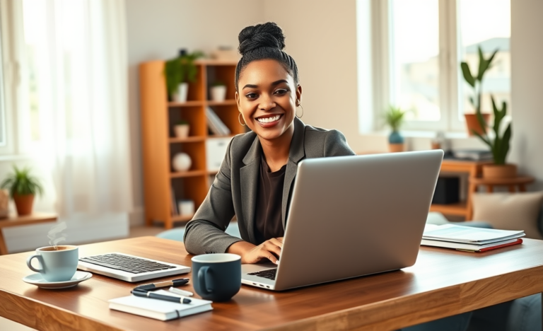 Young professional woman in a bright home office smiling while viewing instant personal loan fund transfer on laptop and smartphone