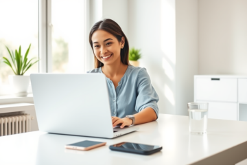 Young woman using laptop in modern home office applying for an online fast loan with quick approval and easy application
