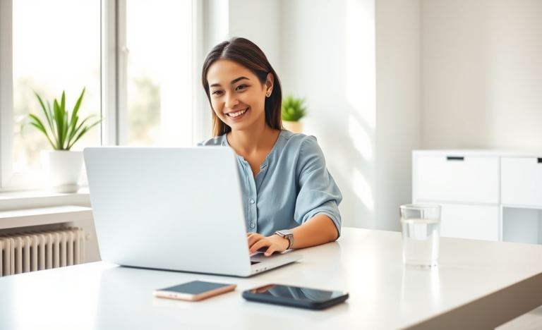 Young woman using laptop in modern home office applying for an online fast loan with quick approval and easy application