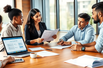 Diverse group in modern office applying and discussing how to apply and qualify for personal loans with documents and laptop