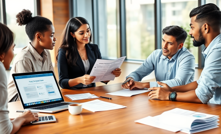 Diverse group in modern office applying and discussing how to apply and qualify for personal loans with documents and laptop