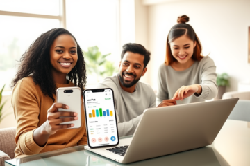 Three diverse adults in a bright modern office comparing loan rates on a smartphone and laptop with natural daylight, representing Happy Money personal loans