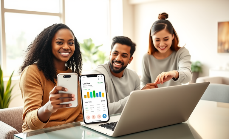 Three diverse adults in a bright modern office comparing loan rates on a smartphone and laptop with natural daylight, representing Happy Money personal loans