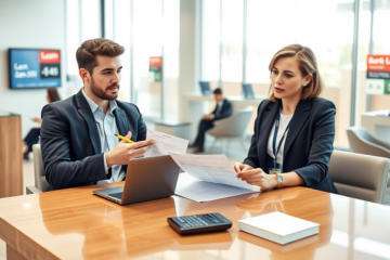 Young man consulting bank officer at desk inside modern bank for a personal loan application guide on faster approval