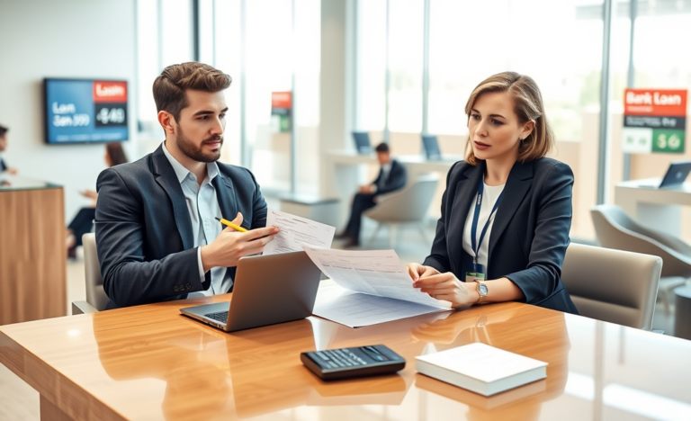 Young man consulting bank officer at desk inside modern bank for a personal loan application guide on faster approval
