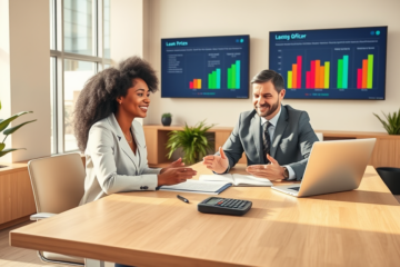A young woman and loan officer discuss personal loan approval details at a modern bank desk with charts and documents in natural light
