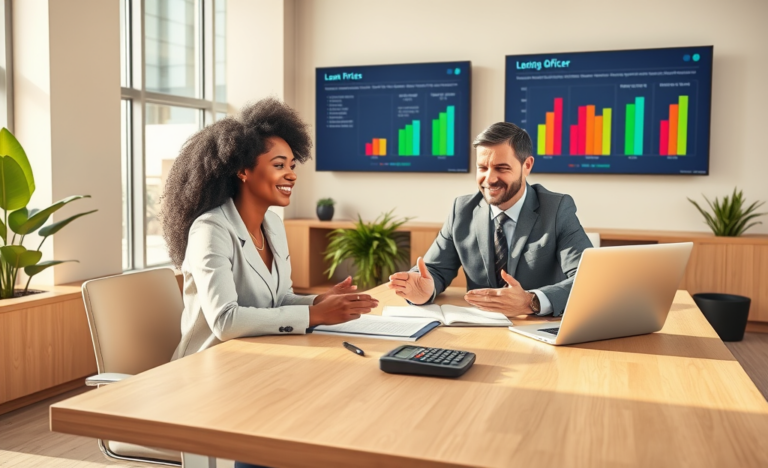 A young woman and loan officer discuss personal loan approval details at a modern bank desk with charts and documents in natural light