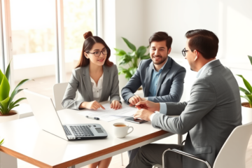Young professional couple and loan officer discussing personal loan requirements approval in a bright modern office during financial consultation