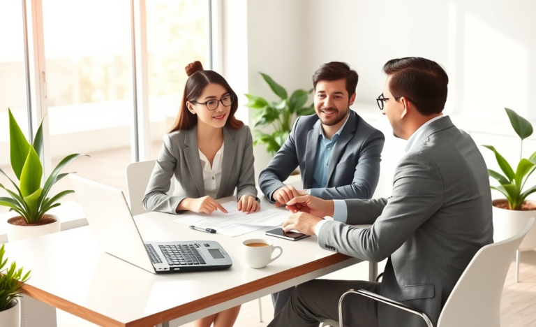 Young professional couple and loan officer discussing personal loan requirements approval in a bright modern office during financial consultation
