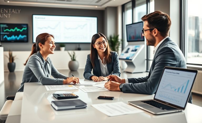 Professional couple consulting with a loan officer at a modern bank desk about personal loan approval tips for better rates and faster decisions