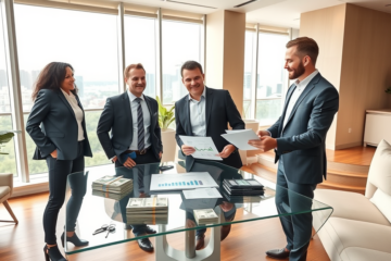 Three diverse buyers consulting a financial advisor in a modern office with cash and property documents about fast property purchase funding options